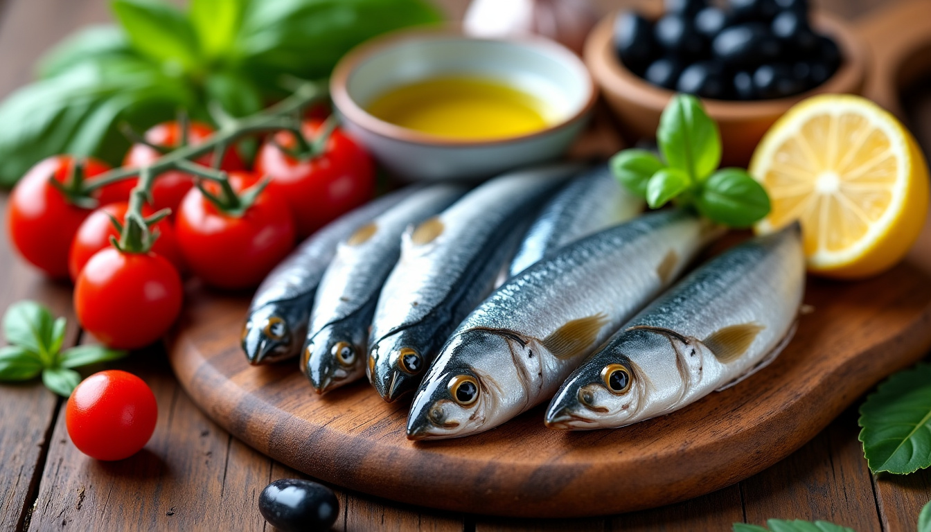 Anchois frais et ingrédients méditerranéens sur une planche en bois