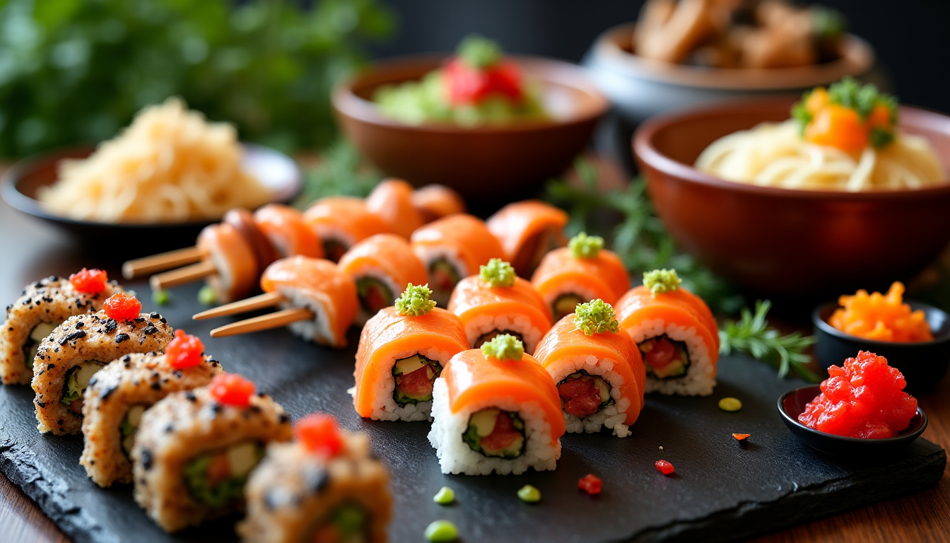 Assortiment de plats proposés au buffet du Wok 86 à Puilboreau: sushis, nouilles, brochettes et fruits de mer