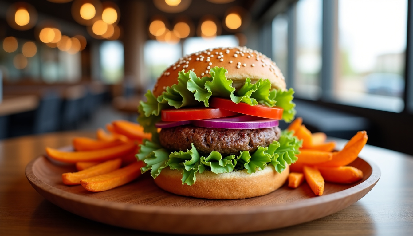 Burger halal végétal servi dans un restaurant, avec légumes frais et pain artisanal