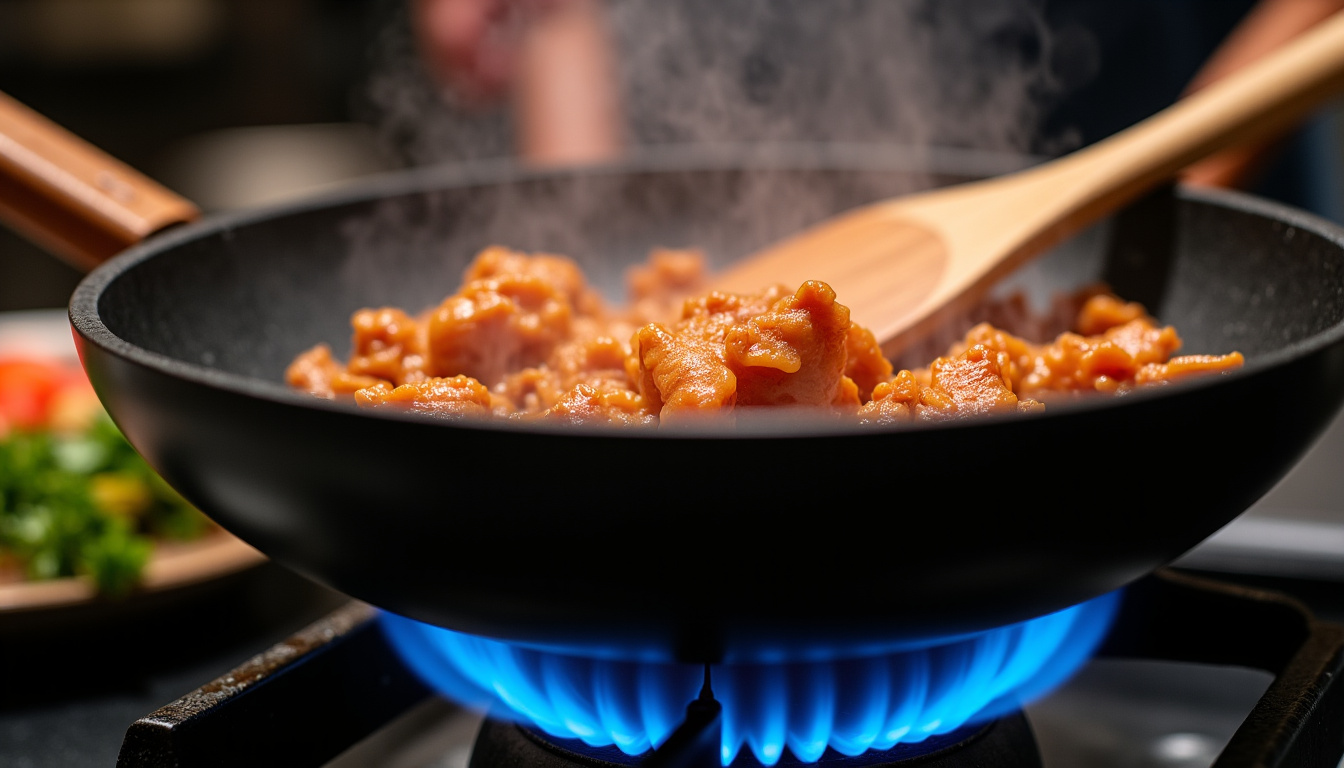 Cuisson du poulet dans un wok en acier carbone sur feu vif