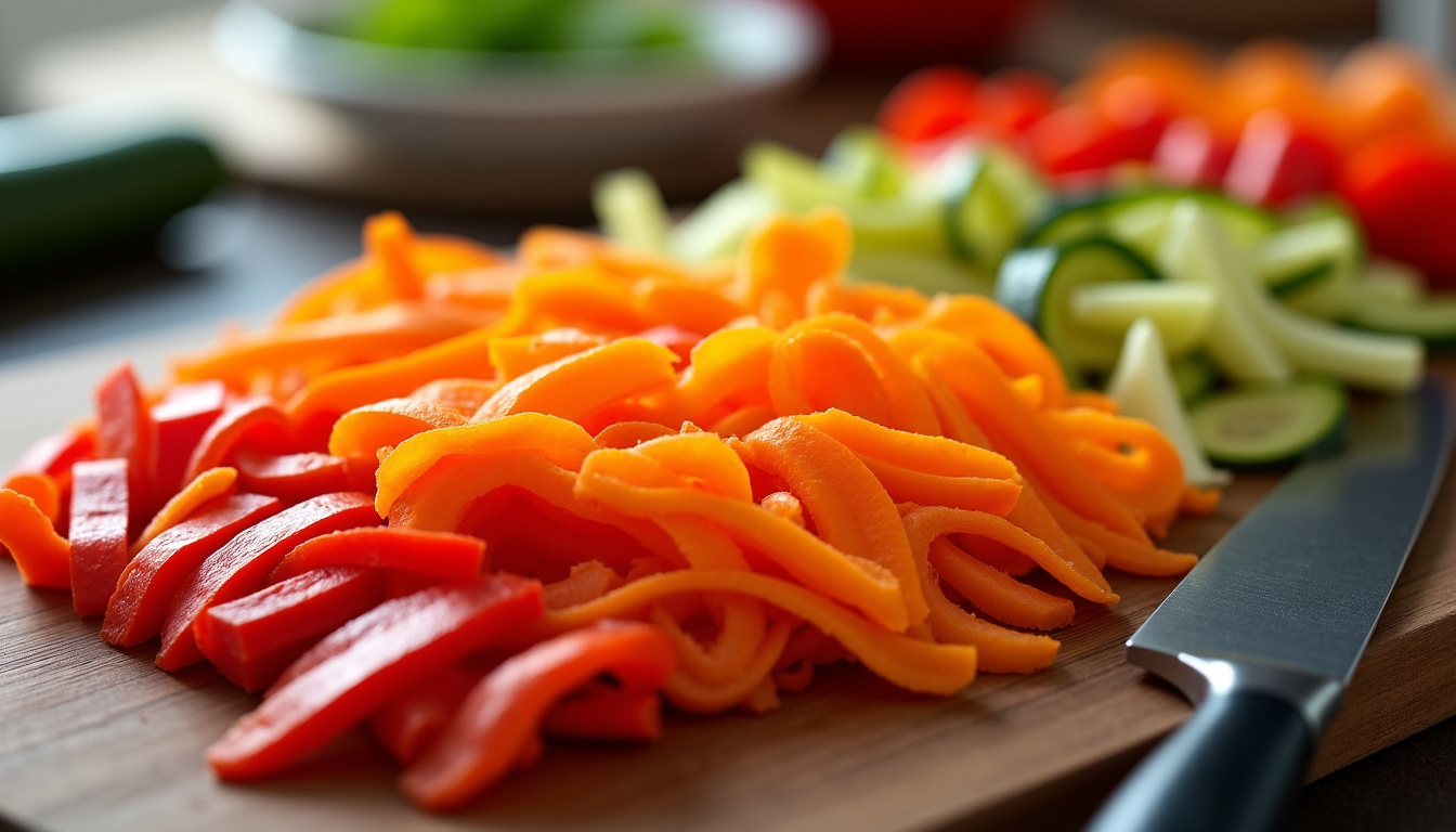 Découpe des légumes en julienne pour un wok: carottes, courgettes et poivrons