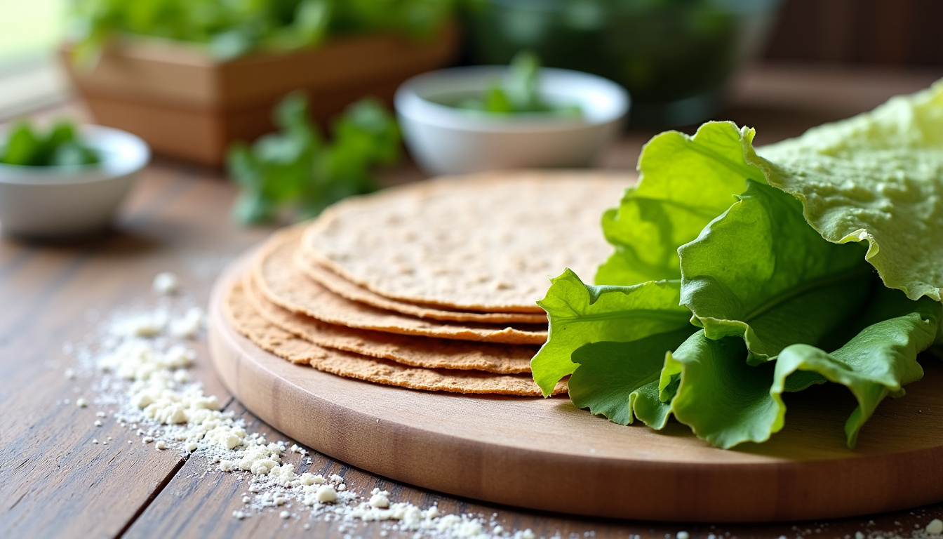 Différentes bases de wraps: tortillas complètes, protéinées, maison aux épinards et feuilles de laitue pour version sans gluten