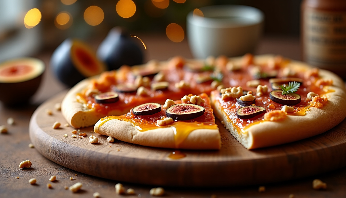 Différentes variantes de pizza chèvre miel: avec figues, noix, jambon cru et pignons de pin