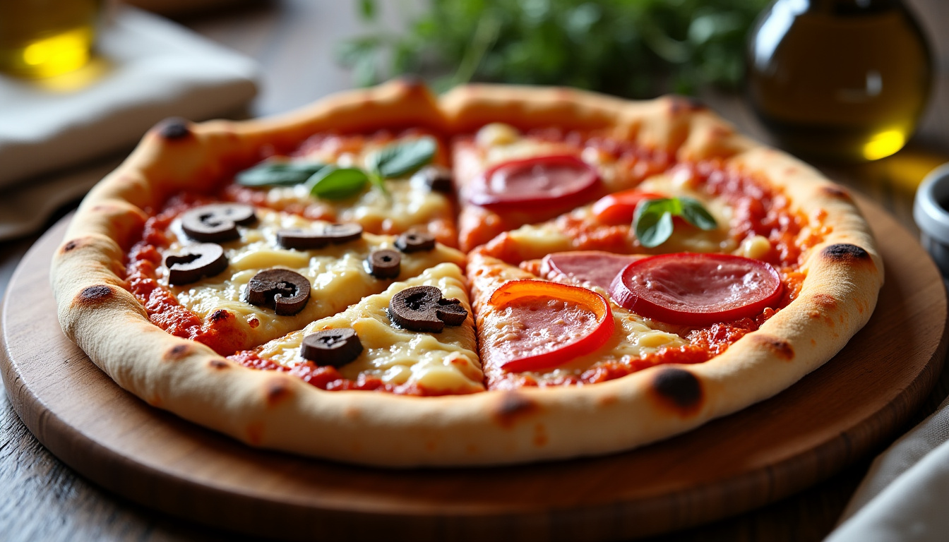 Disposition des ingrédients sur une pizza 4 saisons: artichauts, champignons, poivrons et jambon répartis en quatre quartiers distincts