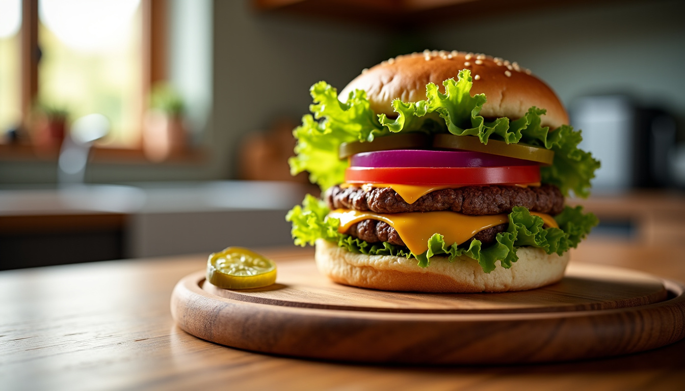 Hamburger maison entièrement assemblé, présenté sur un plat en bois, garni de salade, tomate, oignon rouge, cornichons, fromage fondu et steak de bœuf