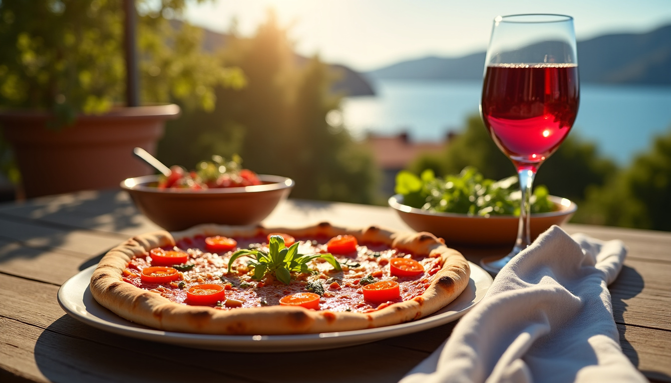 Pizza aux anchois servie sur une table en terrasse avec salade et verre de vin
