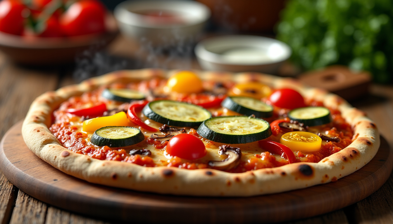 Pizza garnie de légumes frais: poivrons, champignons, courgettes et tomates