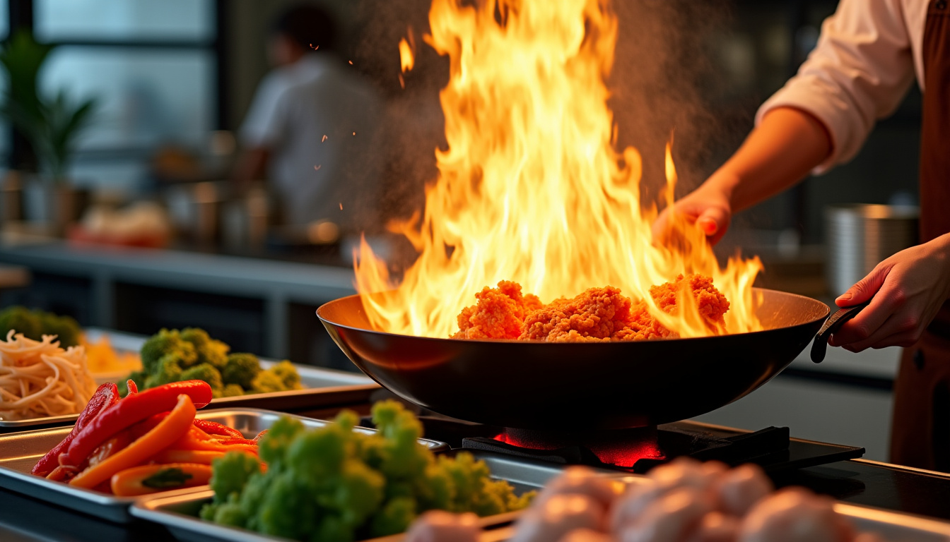 Station de cuisson Wok dans un restaurant, avec ingrédients crus et cuisinier en action