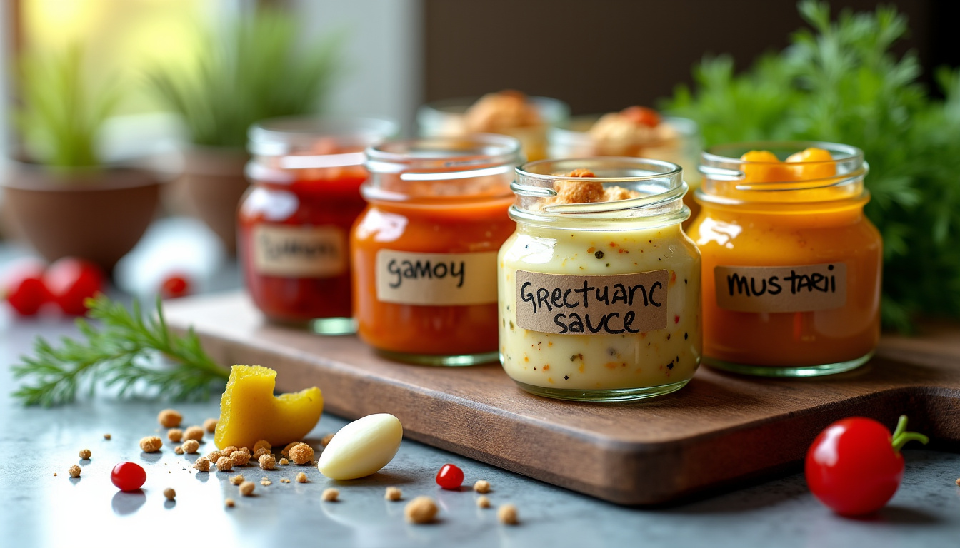 Assortiment de sauces burger maison dans des petits pots avec cornichons et épices