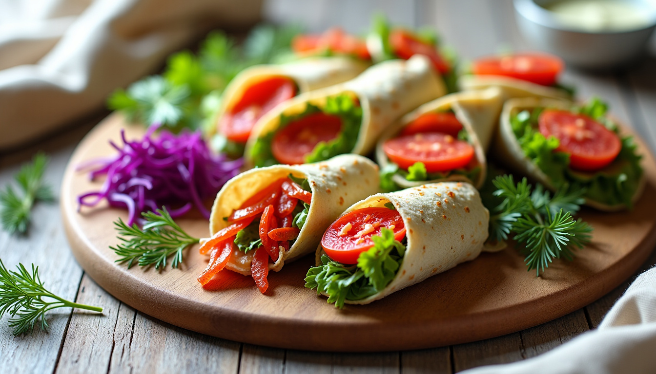 Assortiment de wraps végétariens présentés sur une table en bois clair