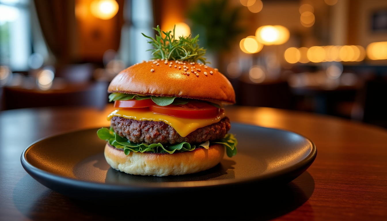 Burger gourmet servi dans un restaurant haut de gamme à Paris