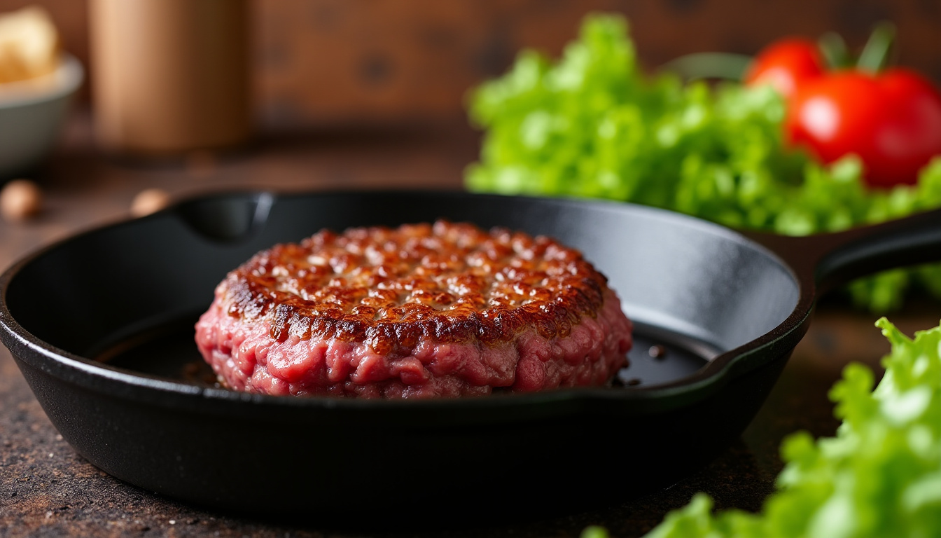 Cuisson du steak de hamburger sur une poêle en fonte avec une belle croûte dorée