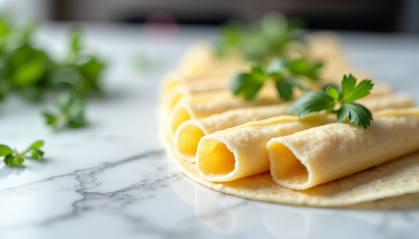 Découpe précise de mini wraps sur plan de travail en marbre