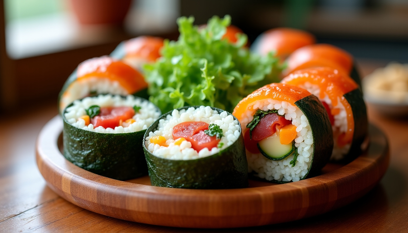 Différentes variantes de gimbap disposées sur une planche: classique, végétarien, au fromage et au thon