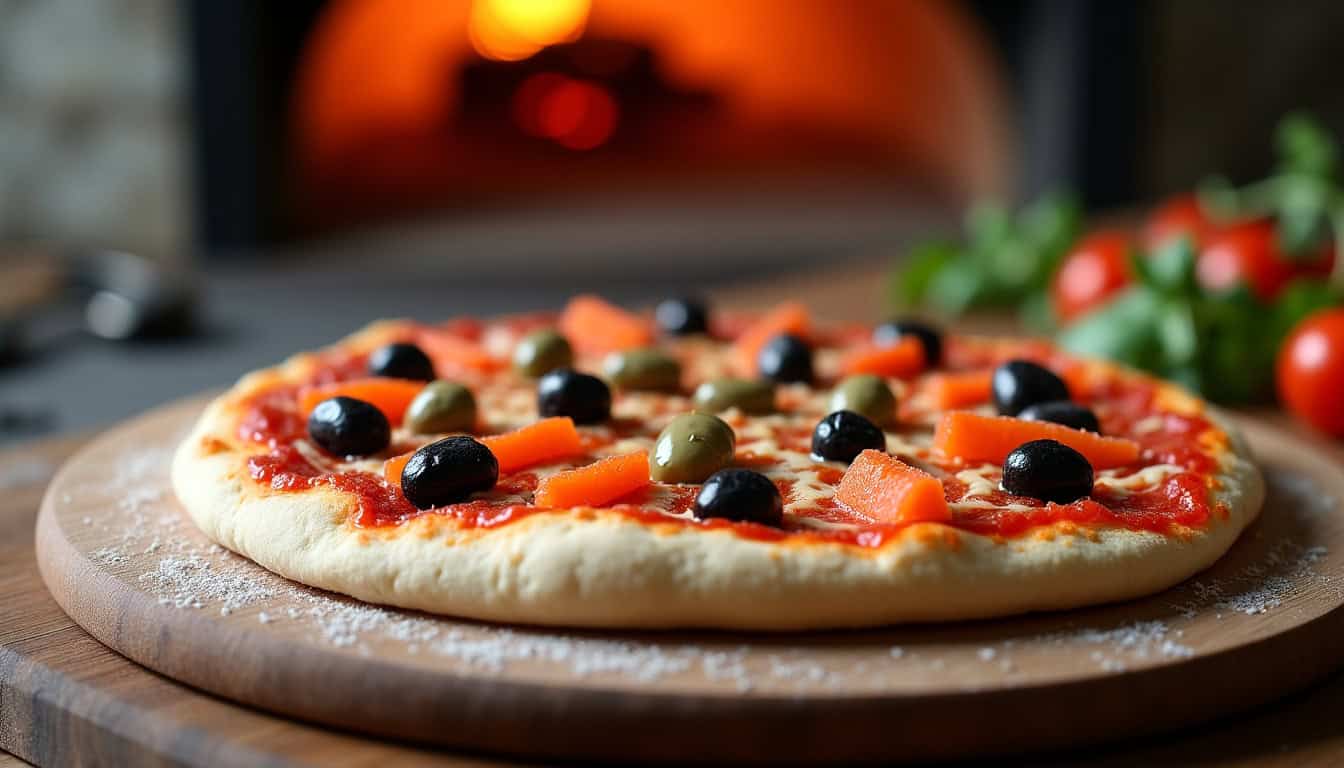 Disposition des anchois, câpres et olives noires sur une pizza avant cuisson