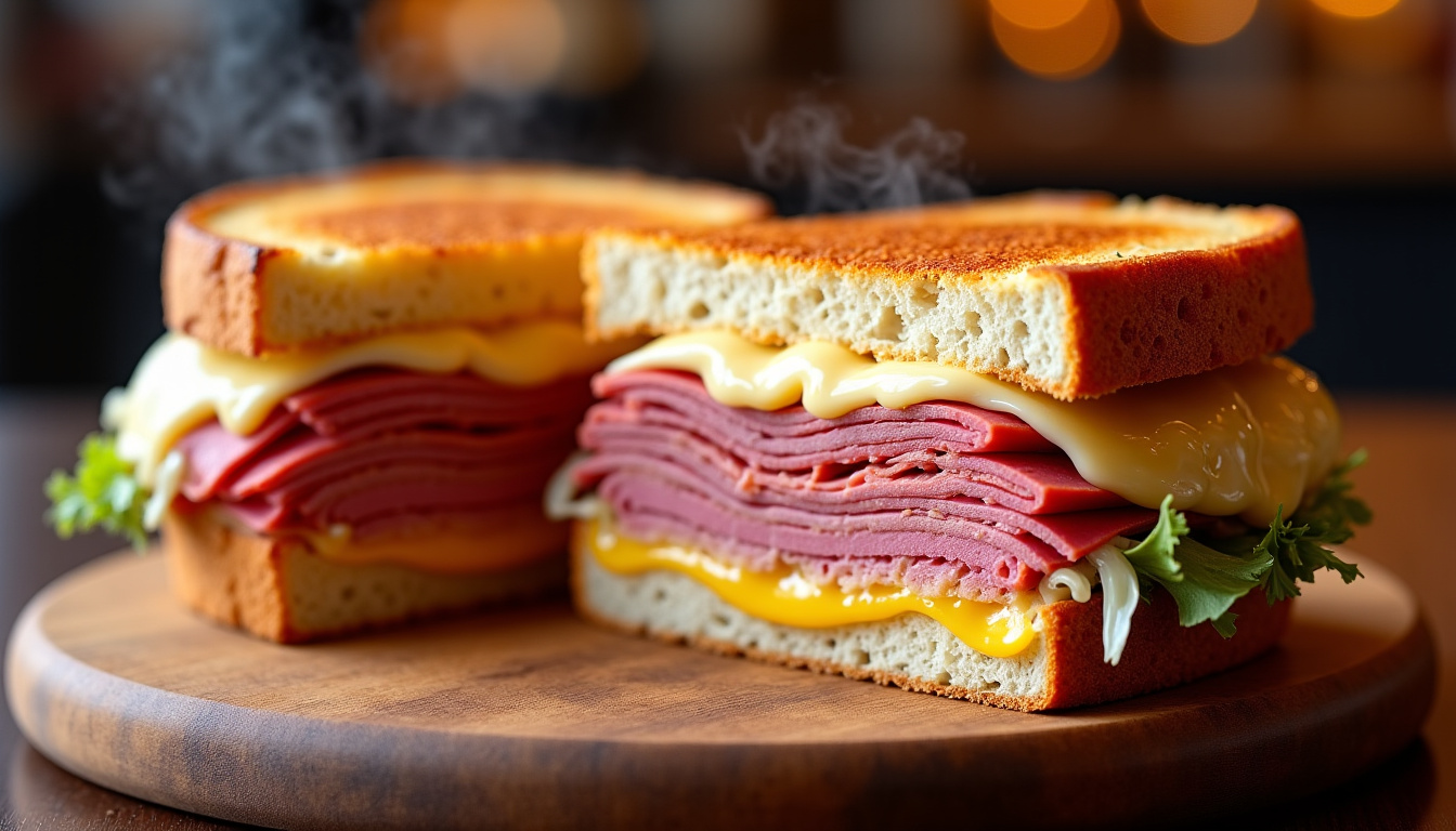 Disposition des ingrédients authentiques pour un sandwich Reuben: pain de seigle, corned-beef, choucroute, emmental, sauce russe