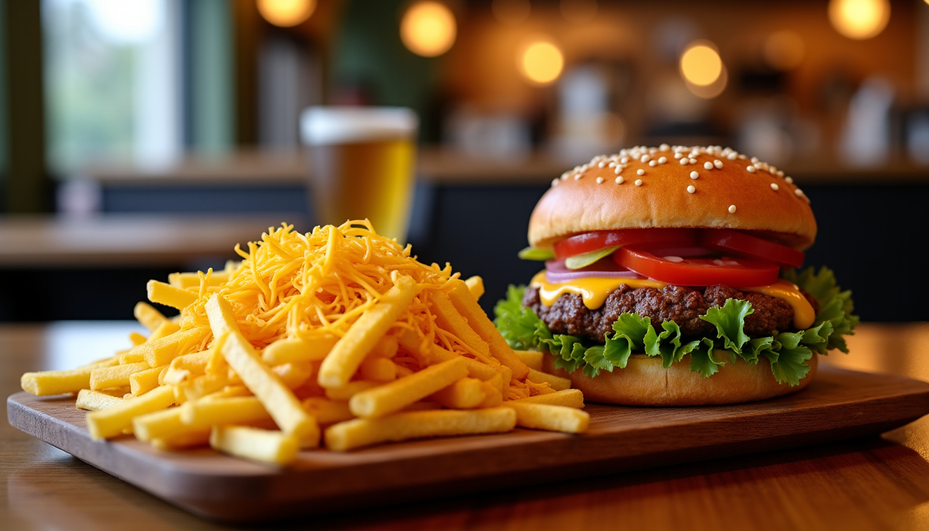 Frites au cheddar servies avec un burger chez Roadside à Rennes