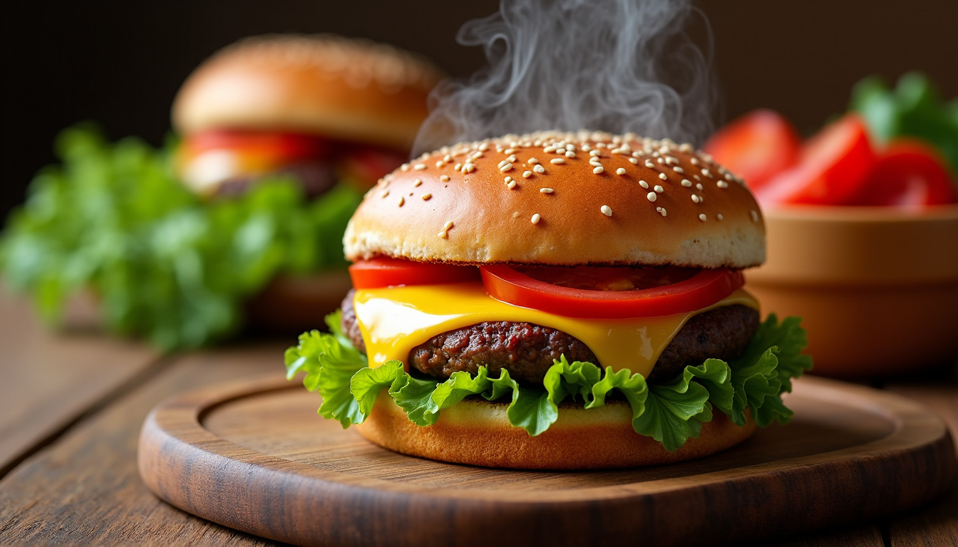 Hamburger maison avec du comté fondant, servi sur un plateau en bois