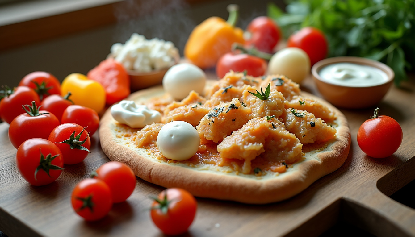 Ingrédients frais de la pizza boisée disposés sur un plan de travail: poulet rôti, mozzarella, poivrons, crème fraîche, tomates cerises
