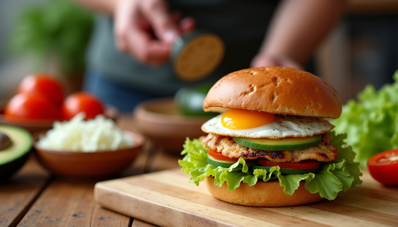 Montage étape par étape d’un hamburger California sur une planche en bois