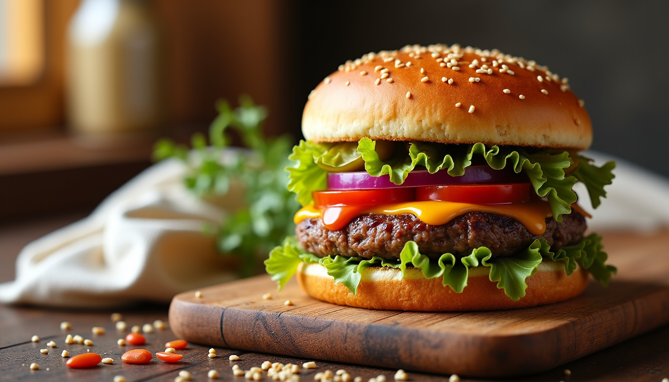 Montage final du hamburger maison avec tous les ingrédients bien disposés