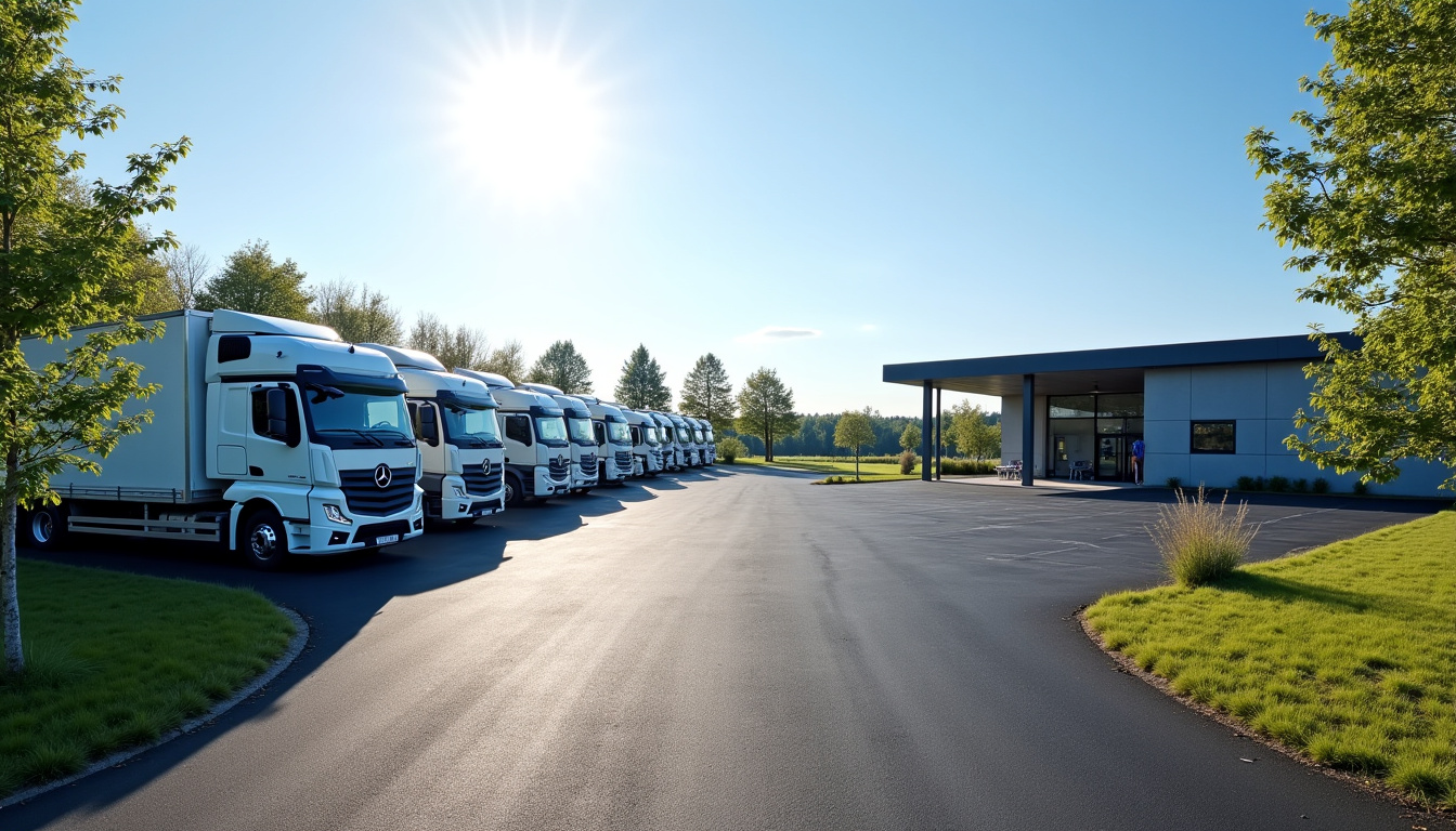 Parking du Relais de la Route d’Or avec plusieurs camions stationnés, en journée ensoleillée