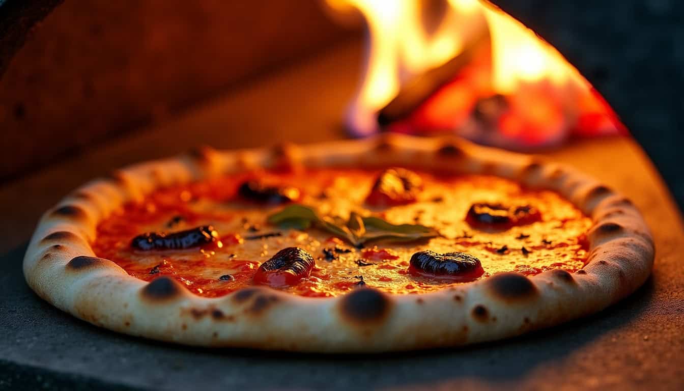 Pizza aux anchois en train de cuire dans un four à bois, croûte dorée et légèrement carbonisée