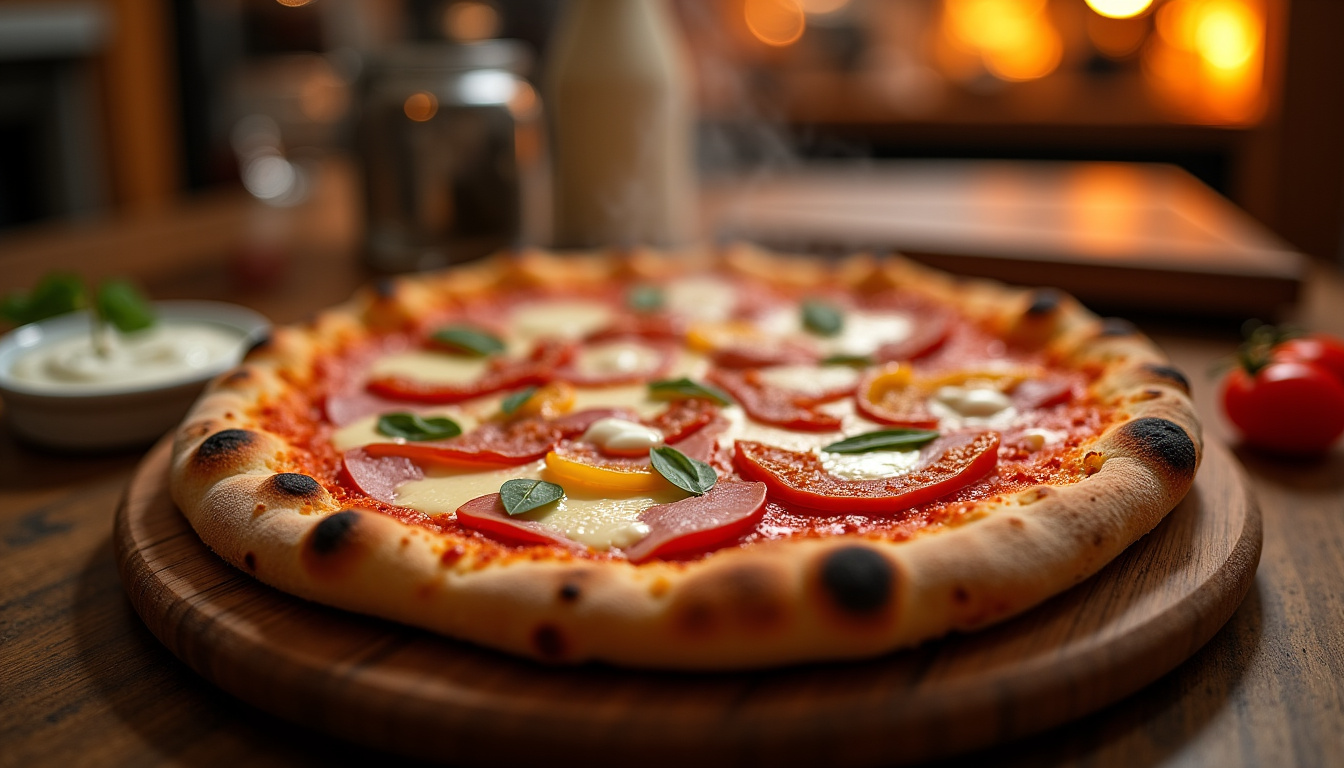 Pizza boisée avec du jambon blanc, des poivrons, de la crème et du fromage fondant