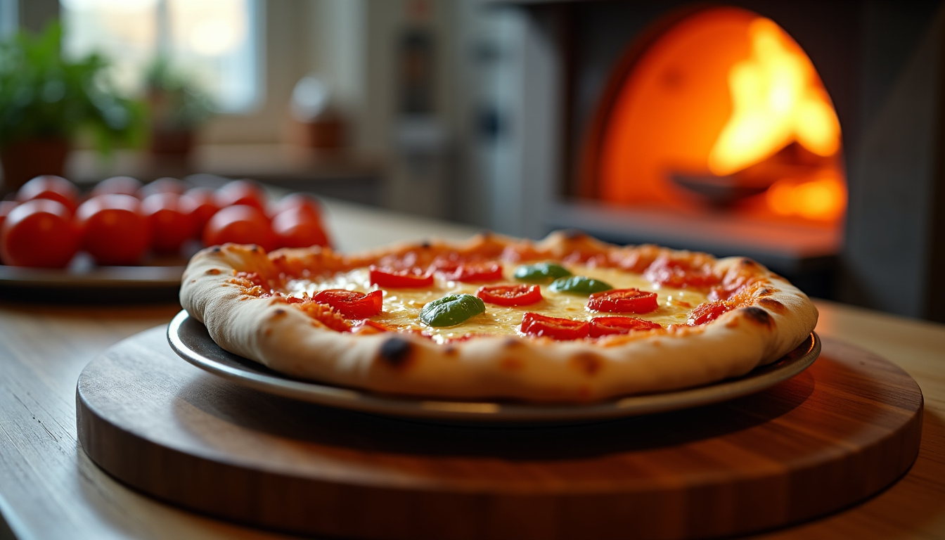 Pizza boisée réchauffée au four, avec fromage légèrement doré et poivrons brillants