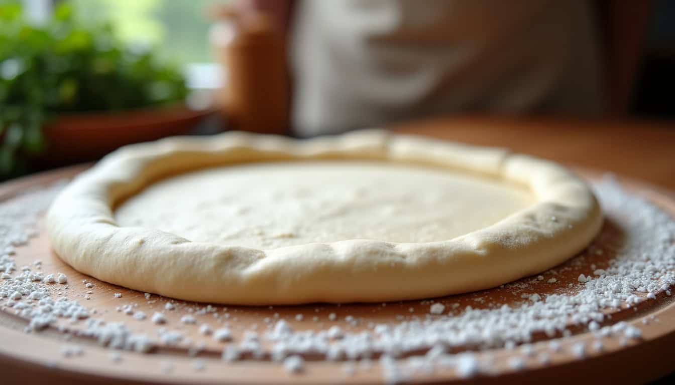 Préparation de la pâte à pizza maison pour une pizza aux anchois, étalée sur une surface farinée