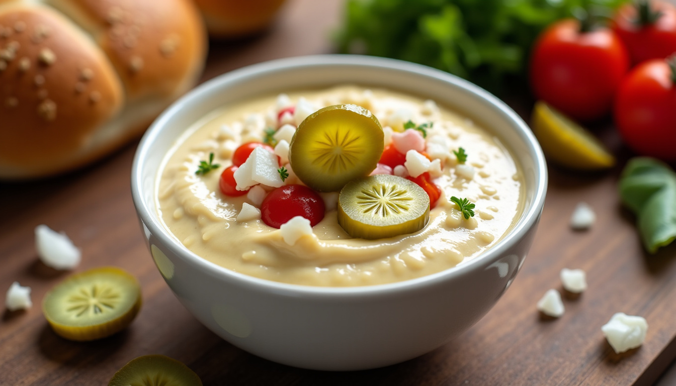 Préparation de la sauce Biggy Burger maison dans un bol avec mayonnaise, ketchup, cornichons et oignons
