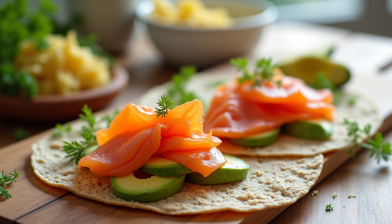 Préparation de wraps au saumon fumé et avocat sur plan de travail en bois