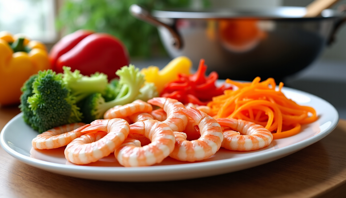Préparation des crevettes et légumes pour un wok maison