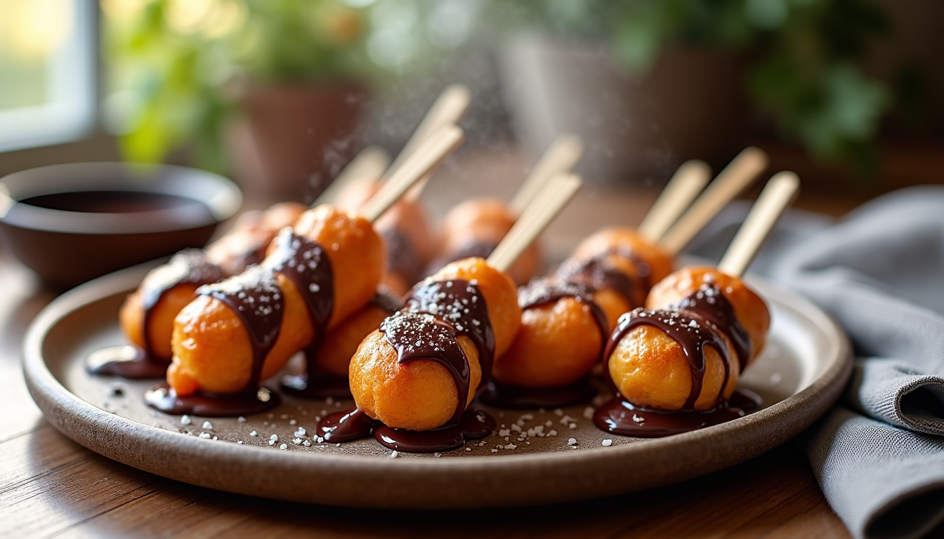 Préparation des franui à la main avec pics en bois et chocolat fondu