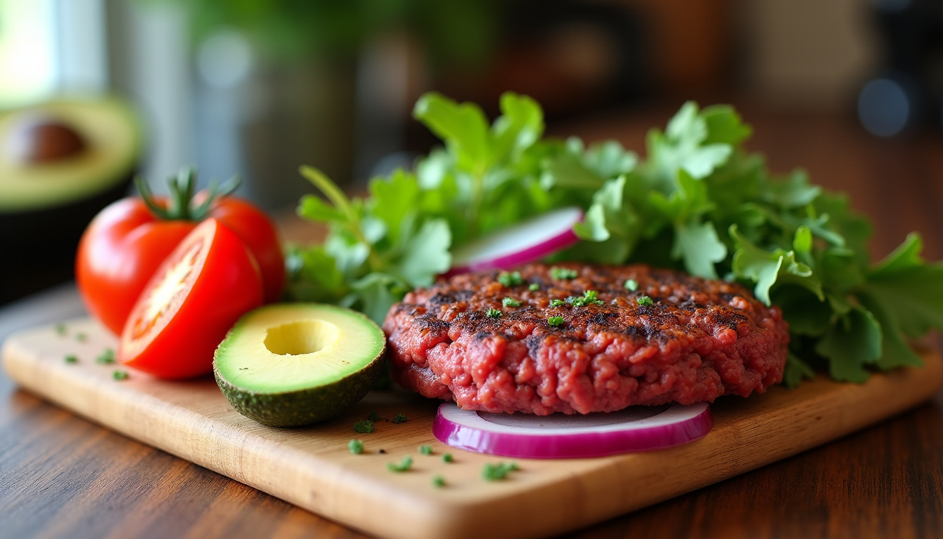 Préparation des ingrédients frais pour un hamburger California: avocat, tomate, roquette, oignon rouge et steak haché