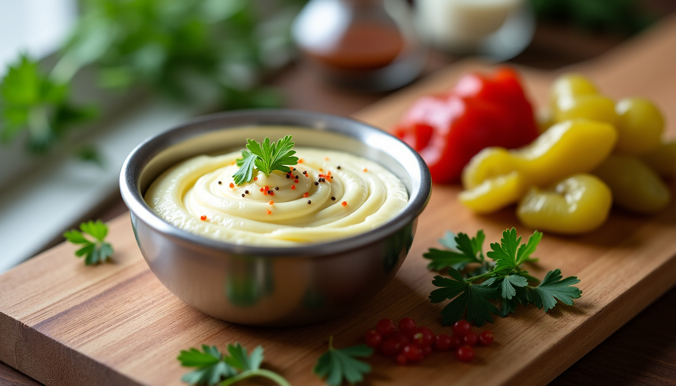 Préparation des ingrédients pour sauce burger maison avec mayonnaise, ketchup, cornichons et épices