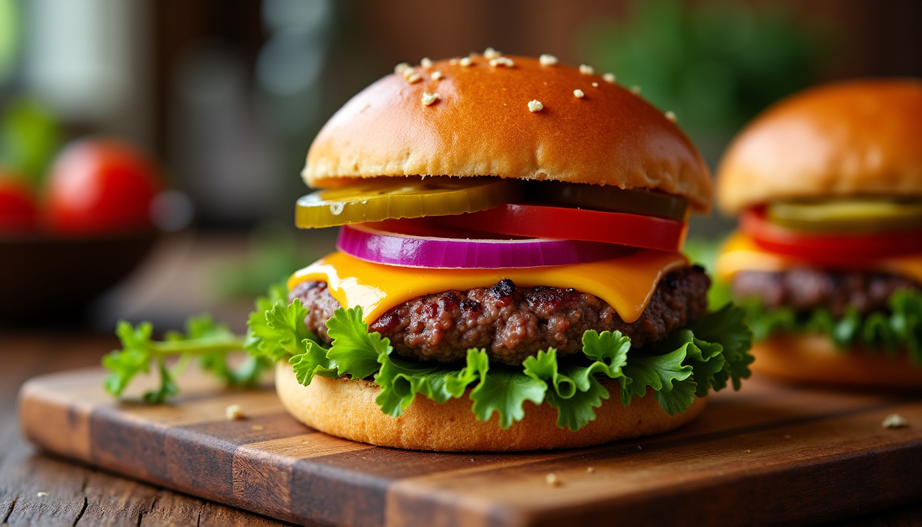 Préparation du hamburger maison avec les ingrédients disposés sur une planche en bois