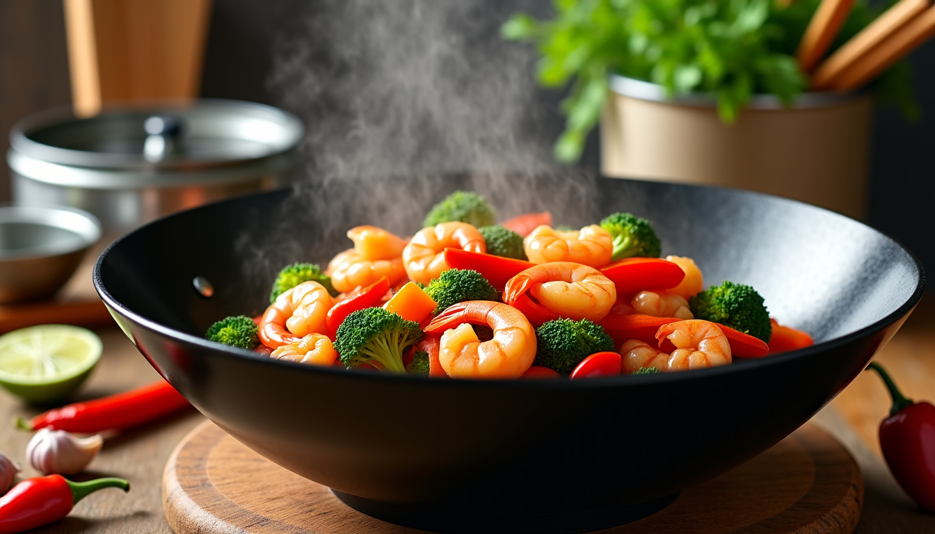 Préparation du wok aux crevettes avec des légumes colorés et des crevettes bien cuites