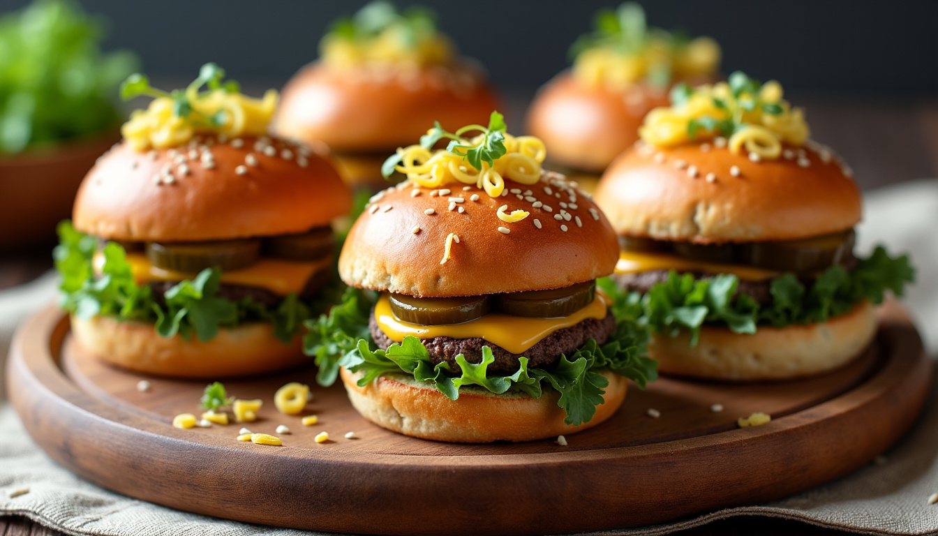 Présentation créative de mini burgers sur un plateau