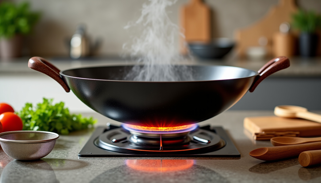 Présentation du wok et des ustensiles nécessaires pour préparer un wok aux crevettes