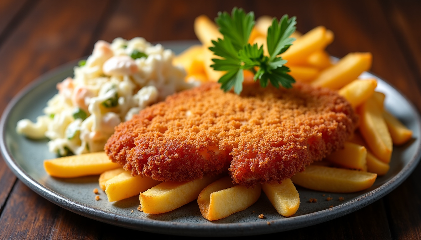 Schnitzel Elefant in Panko de porc servi avec frites maison et salade coleslaw au restaurant The Oven and Grill