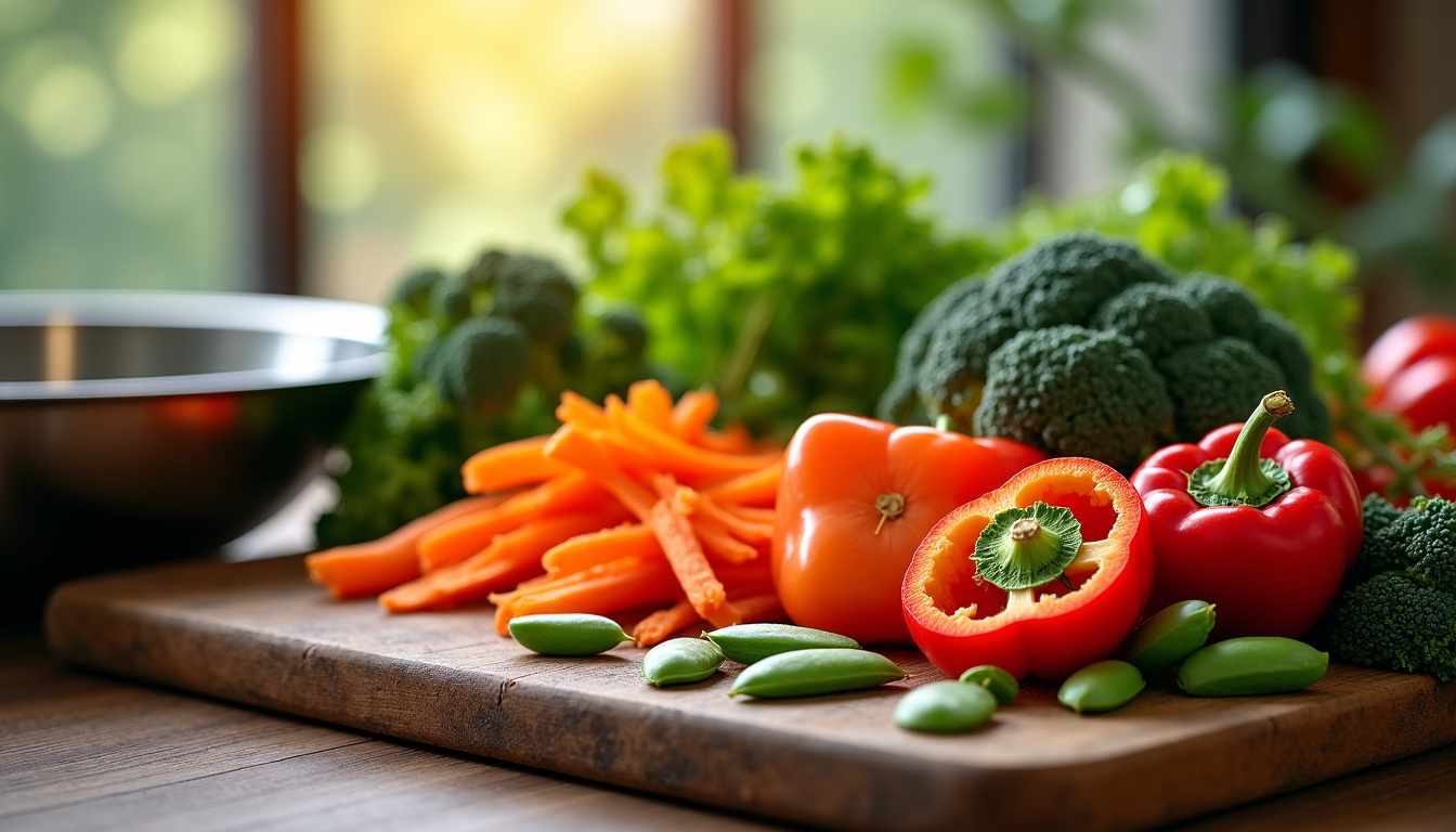 Sélection de légumes frais de saison prêts à être utilisés pour un wok de crevettes