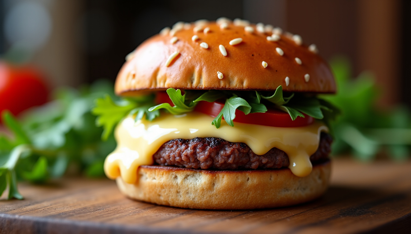 Un burger maison avec du camembert fondu en cours de préparation