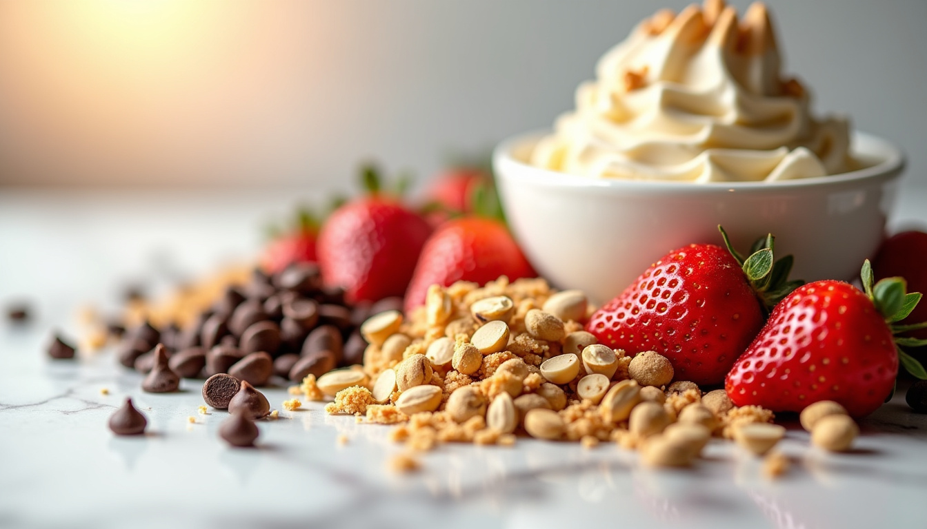 Assortiment de toppings maison pour McFlurry: biscuits Oreo, pistaches, fraises, spéculoos et pépites de chocolat