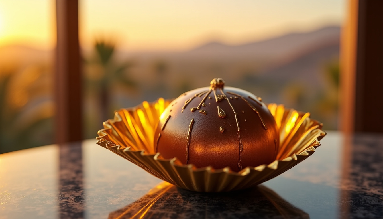 Boule de chocolat façon Dubaï de Lidl posée sur une table, avec son emballage en or brillant