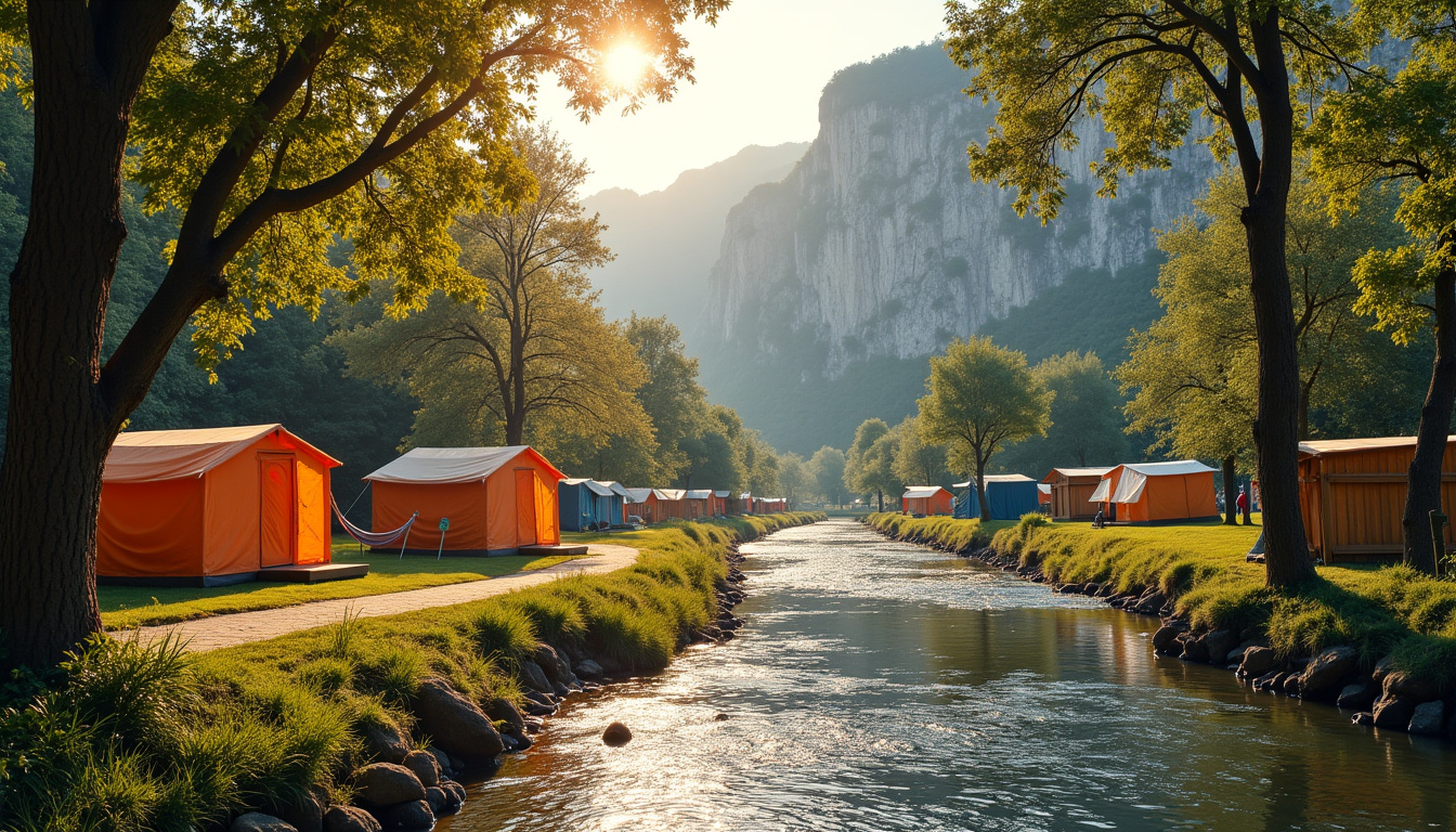 Camping El Puente à Rodellar situé au bord de la rivière avec tentes, bungalows et vue sur les falaises
