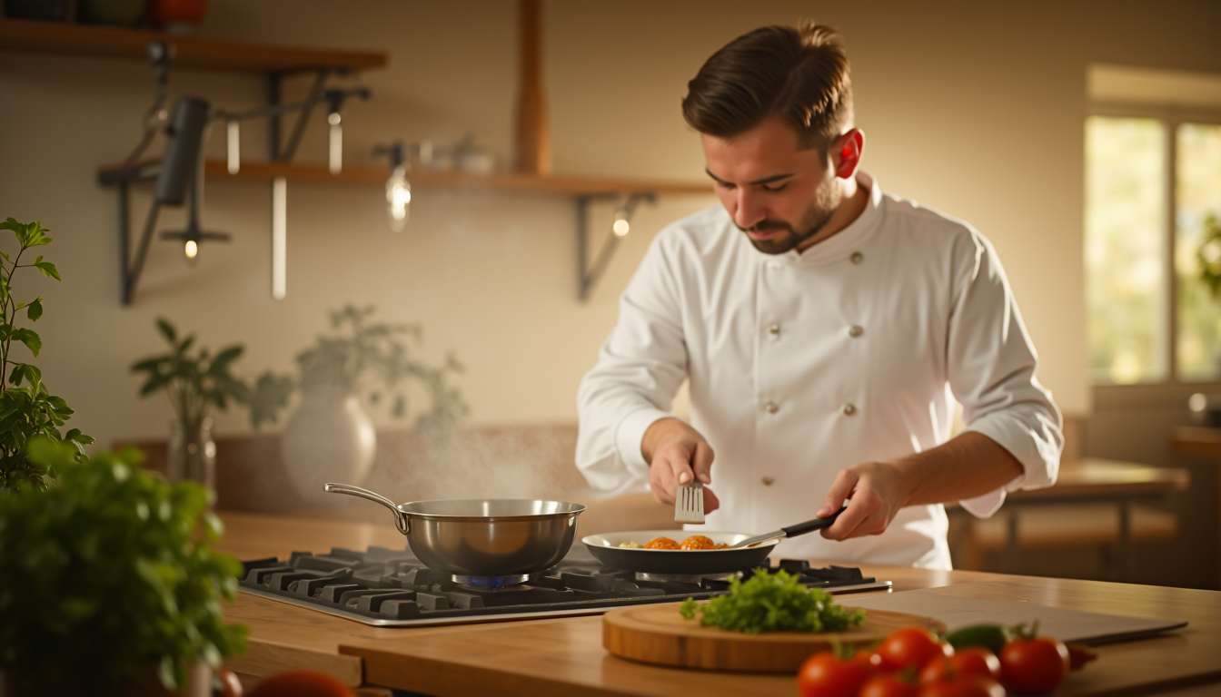Chef professionnel La Belle Assiette en train de cuisiner dans une cuisine domestique
