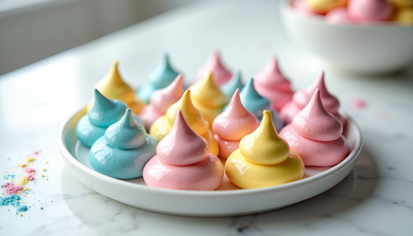 Ingrédients nécessaires pour préparer des meringues arc-en-ciel: blancs d’œufs, sucre, colorants alimentaires en poudre rose, bleu et jaune