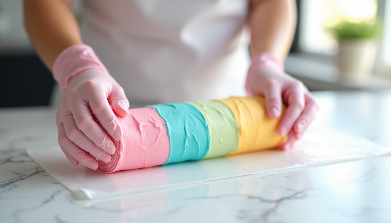 Étapes de façonnage d’une meringue arc-en-ciel: les trois couleurs disposées côte à côte sur un film alimentaire et roulées délicatement pour former un boudin multicolore