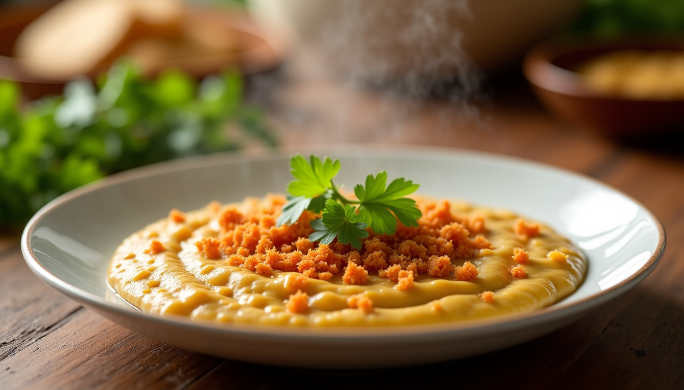 Dahl khi chadi servi dans une assiette blanche avec papadums écrasés et coriandre fraîche en topping